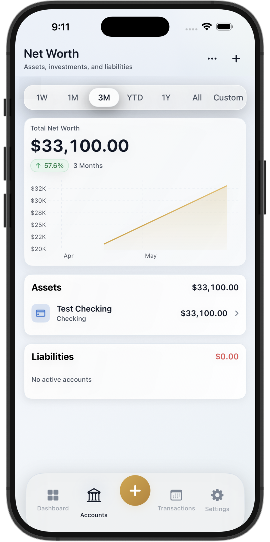 Pathworth accounts screen in the iPhone Simulator showing net worth history, assets, and liabilities.