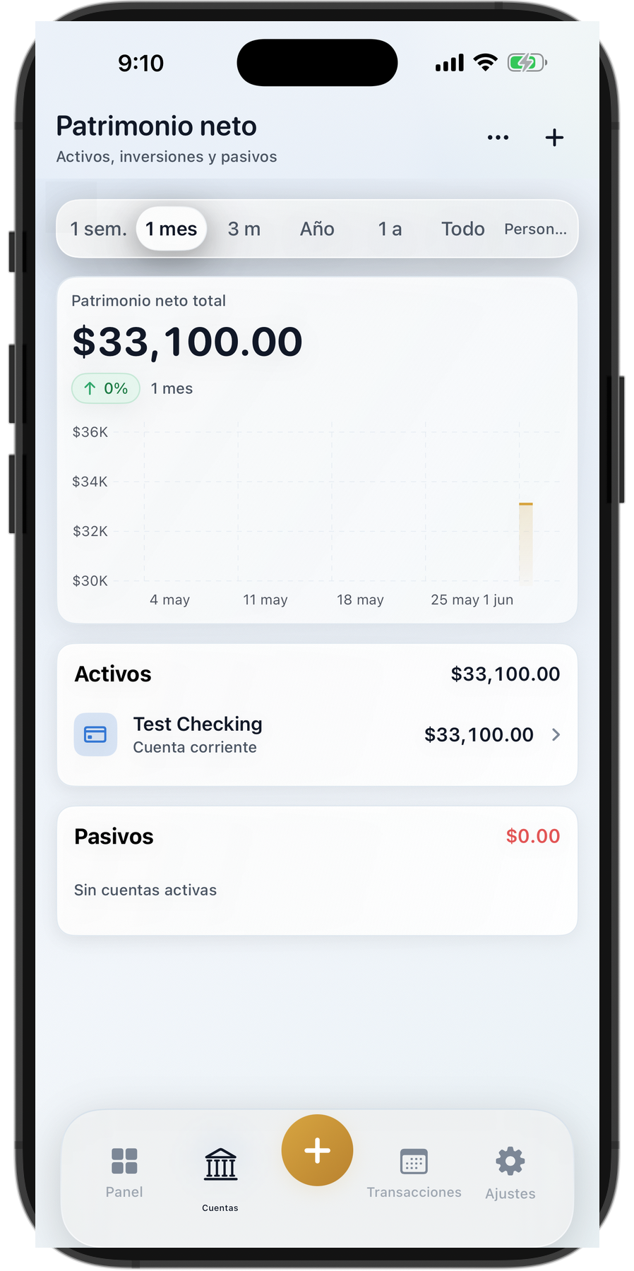 Pantalla de cuentas de Pathworth en el simulador de iPhone con historial de patrimonio neto, activos y pasivos.