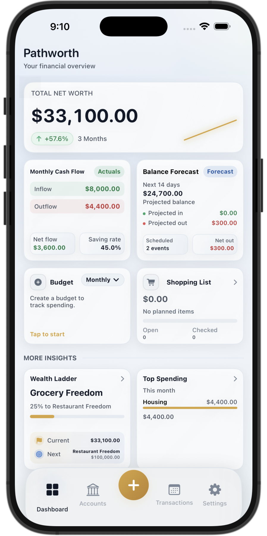 Pathworth dashboard in the iPhone Simulator showing total net worth, a 3-month trend, monthly cash flow, budget, wealth ladder, and top spending cards.