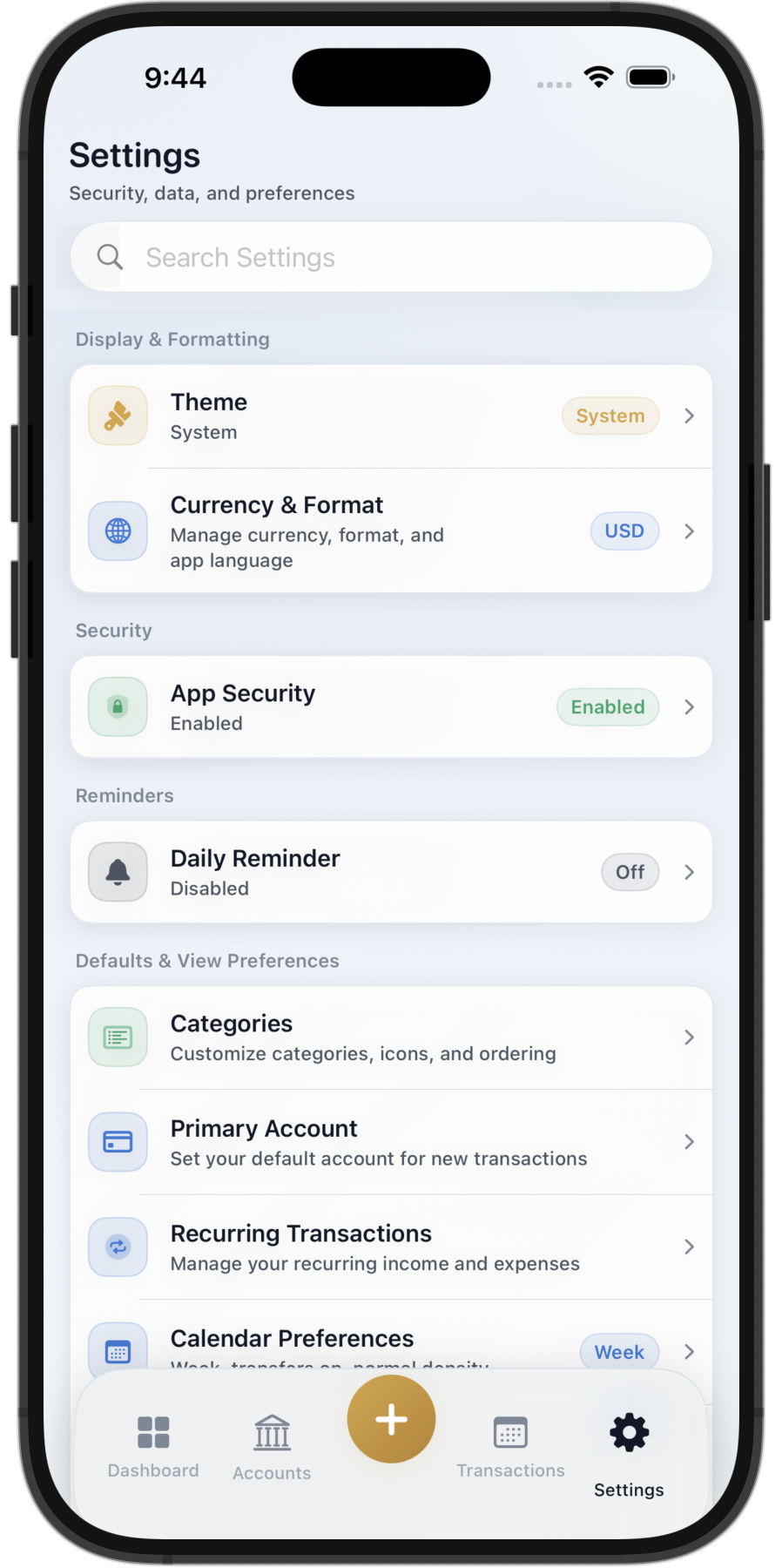 Pathworth settings screen in the iPhone Simulator showing theme, currency, security, reminder, category, account, and calendar preferences.