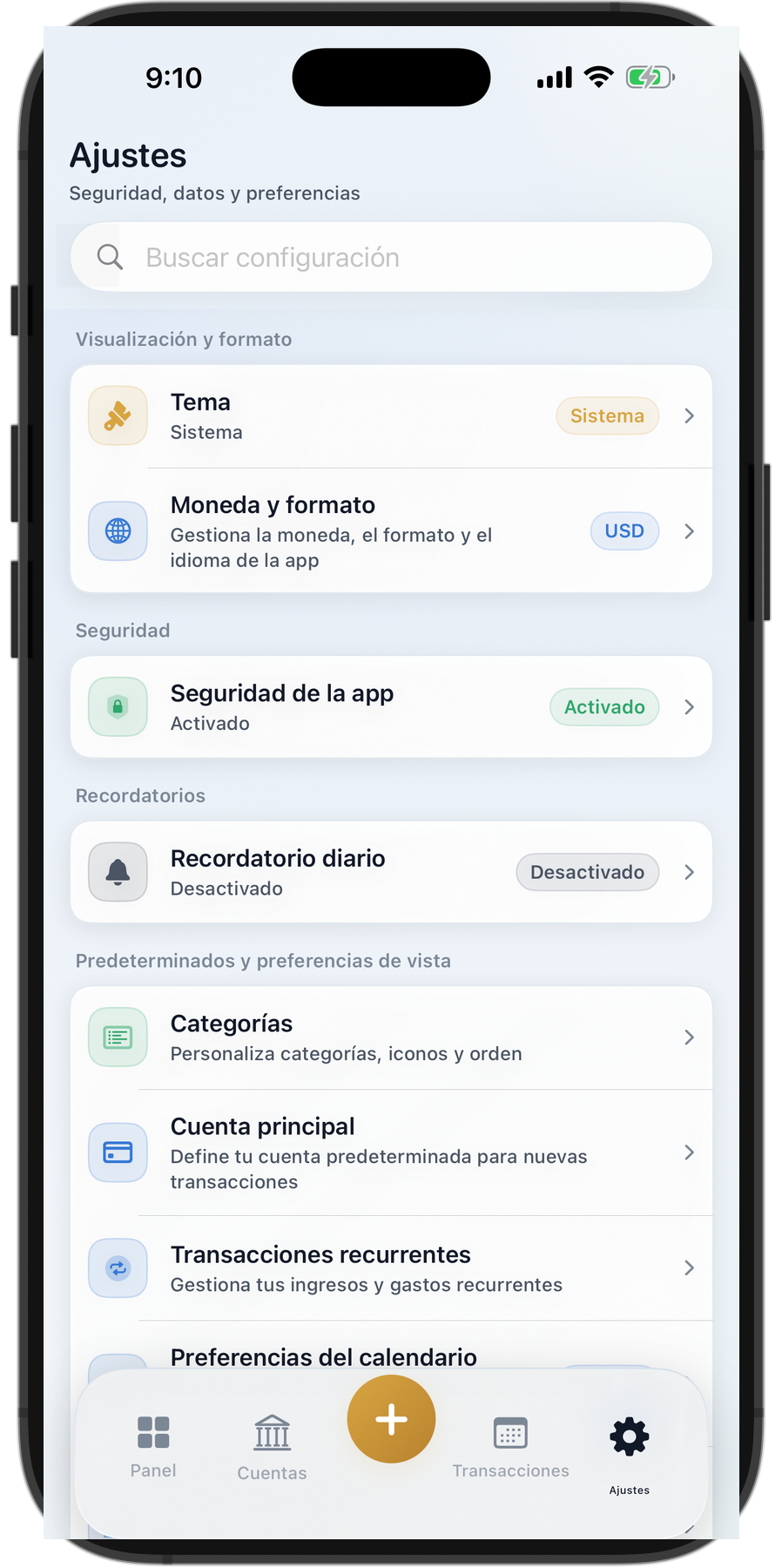 Pantalla de ajustes de Pathworth en el simulador de iPhone con tema, moneda, seguridad, recordatorio, categorías, cuentas y preferencias de calendario.