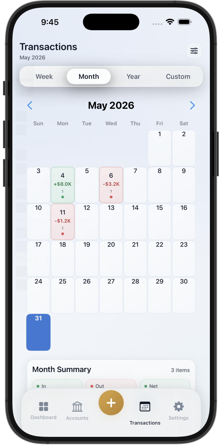 Pathworth transactions screen in the iPhone Simulator showing monthly activity with seeded income and expense data.